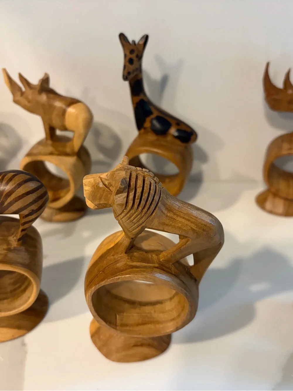 1970s Vintage Hand Carved Wooden Safari Animal Napkin Rings Set of 12
